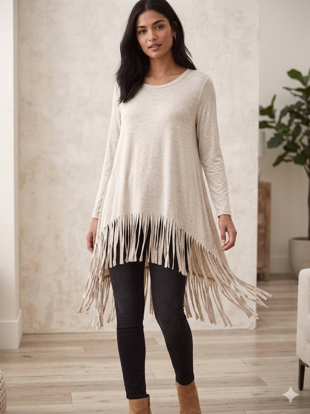 Oddi Beige Fringe Hem Tunic Top